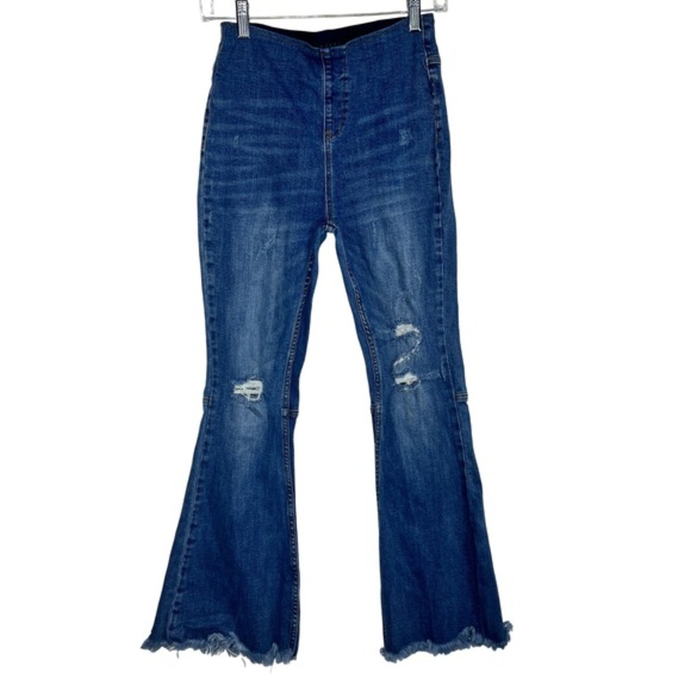 Risen Distressed Flare Jeans High Waist Frayed Hem Stretch‎ Denim Small